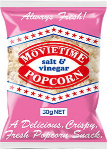 Movietime salt and vinegar popcorn, 30g snack packs, carton of 24