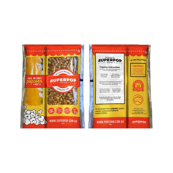 Superpop all-in-one popcorn kit: corn, oil, butter and salt, carton of 24