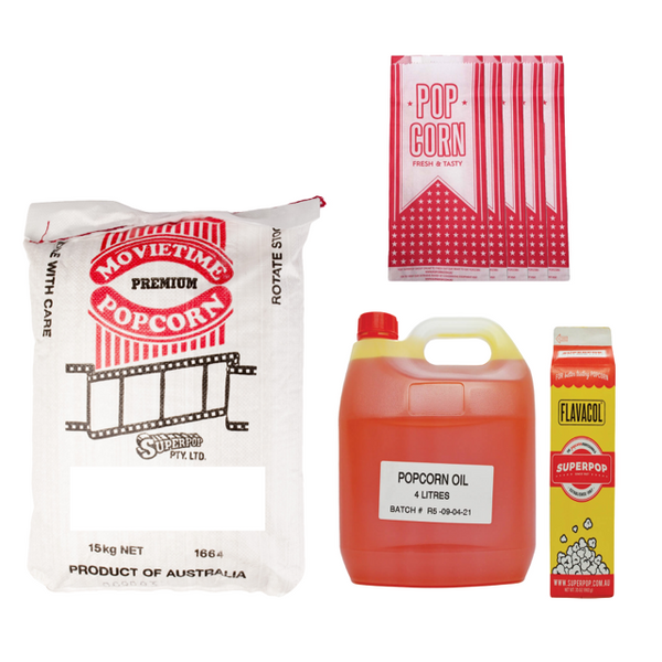 Superpop bulk ingredient pack: popping corn, oil, buttersalt and serving bags