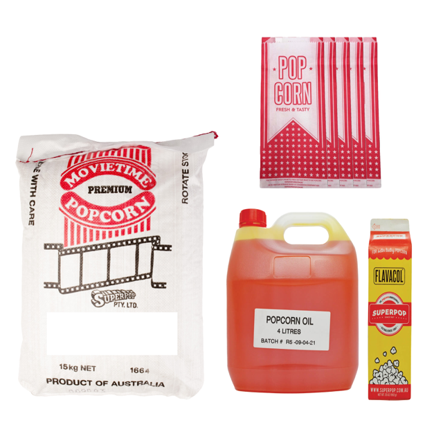 SUPERPOP BULK INGREDIENT PACK - 1 x 15kg Popping corn, 1 x 4ltr Popping Oil, 1 x 1kg Buttersalt, 1 x Red White Serving Bags (500)